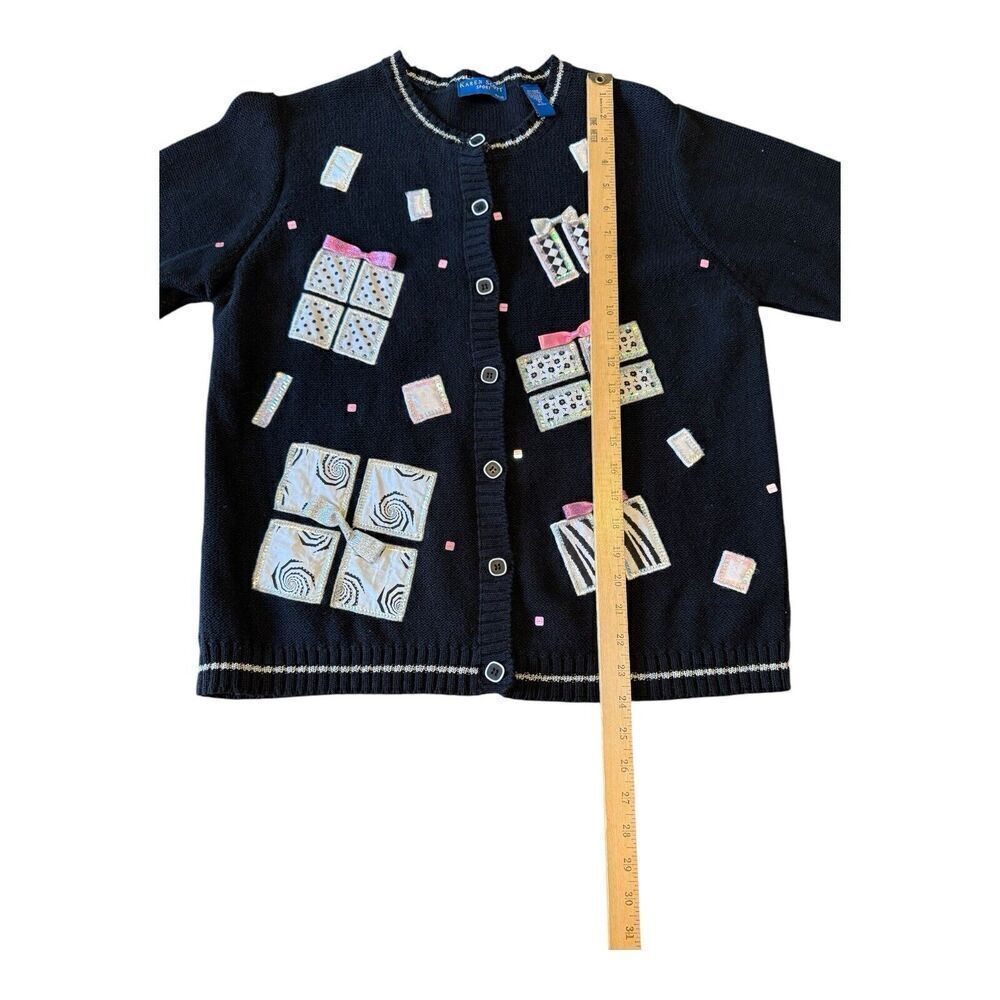 Vtg Karen Scott Womens Present Gift Print Cardigan Size PL Beaded Bows Patchwork - Picture 7 of 8
